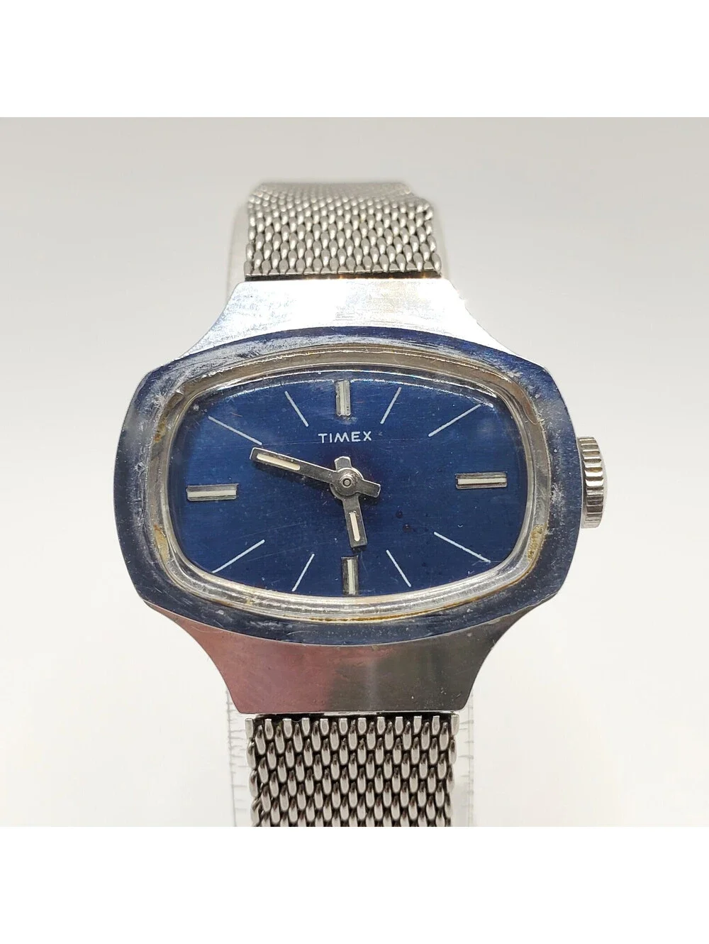 Vintage Timex Mechanical Womens Watch Running  26mm Blue Dial Silver Tone